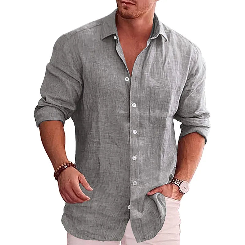 Camisa Casual de Lino y Algodón para Hombre con Solapa y Manga Larga