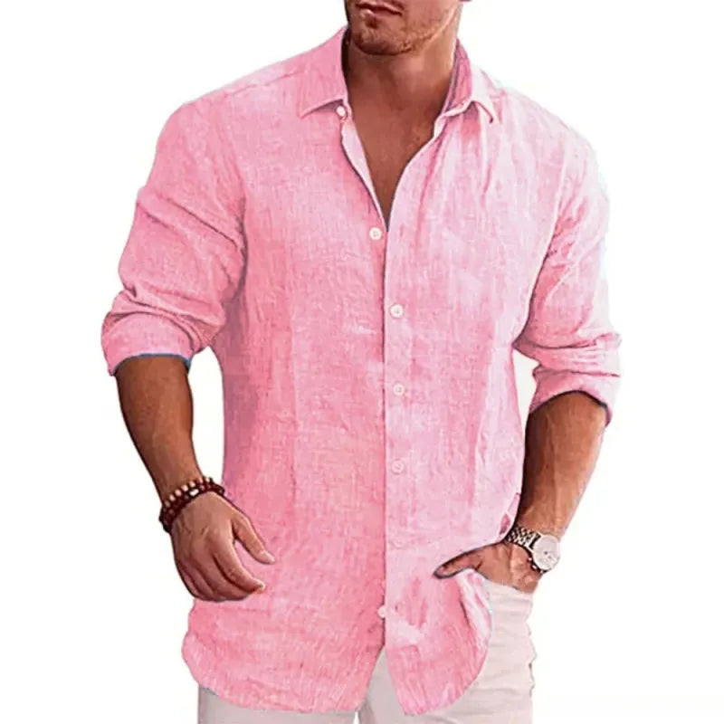 Camisa Casual de Lino y Algodón para Hombre con Solapa y Manga Larga