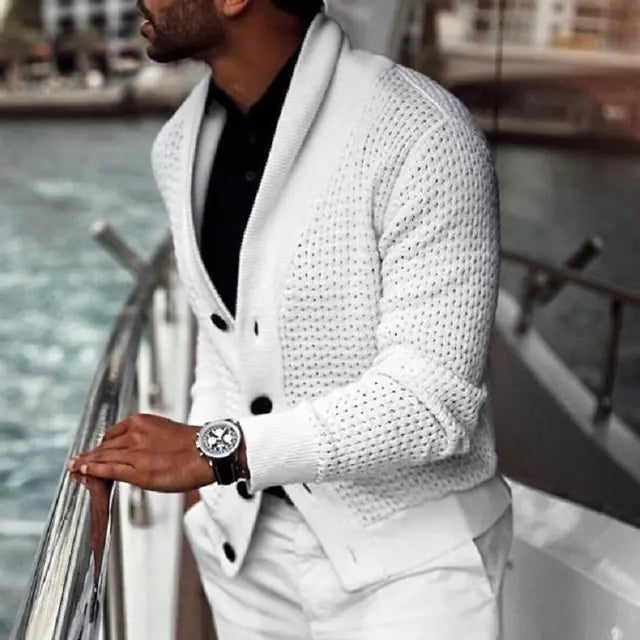 Cárdigan de color sólido con solapa y manga larga para hombre