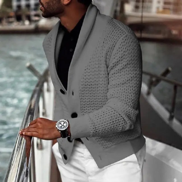 Cárdigan de color sólido con solapa y manga larga para hombre