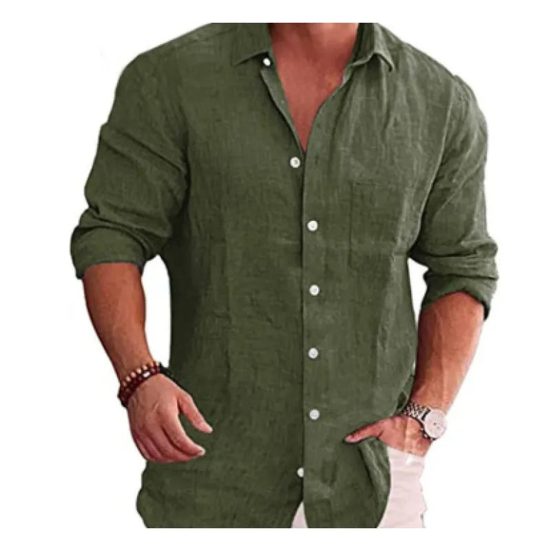 Camisa Casual de Lino y Algodón para Hombre con Solapa y Manga Larga