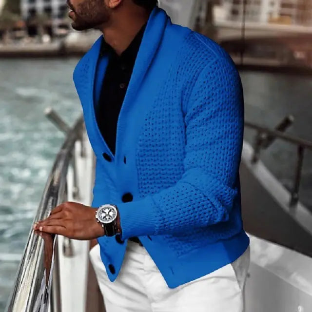 Cárdigan de color sólido con solapa y manga larga para hombre