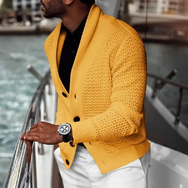 Cárdigan de color sólido con solapa y manga larga para hombre