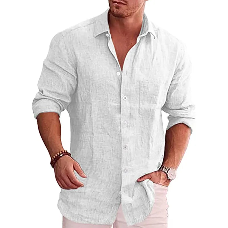 Camisa Casual de Lino y Algodón para Hombre con Solapa y Manga Larga