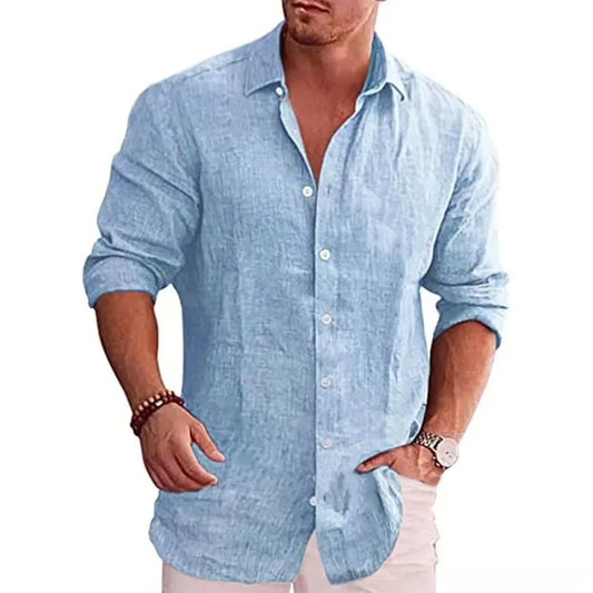 Camisa Casual de Lino y Algodón para Hombre con Solapa y Manga Larga