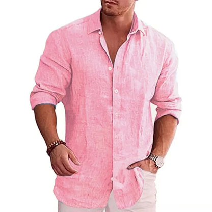 Camisa Casual de Lino y Algodón para Hombre con Solapa y Manga Larga