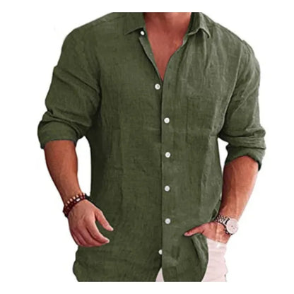 Camisa Casual de Lino y Algodón para Hombre con Solapa y Manga Larga