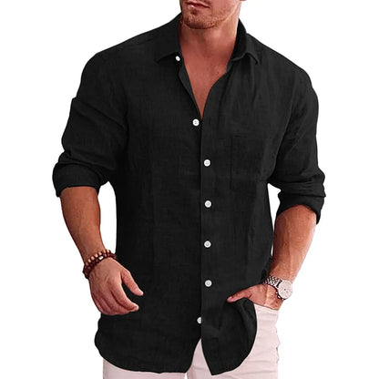 Camisa Casual de Lino y Algodón para Hombre con Solapa y Manga Larga