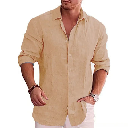Camisa Casual de Lino y Algodón para Hombre con Solapa y Manga Larga
