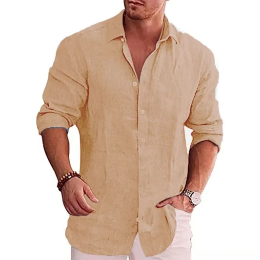 Camisa Casual de Lino y Algodón para Hombre con Solapa y Manga Larga
